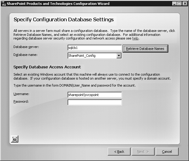 Configuration Database Settings, continued