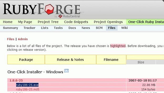 RubyForge download page for One-Click Installer