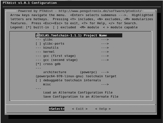 A screenshot of Ptxdist toolchain menu