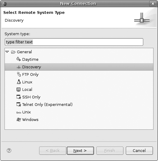 Eclipse Remote System Explorer New Connection wizard
              screenshot