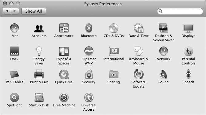 The System Preferences, listed alphabetically
