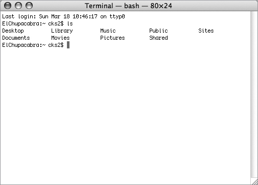 The directory contents as displayed by the Terminal