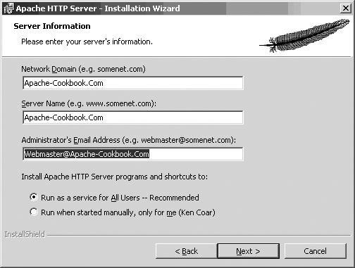 Initial server configuration information
