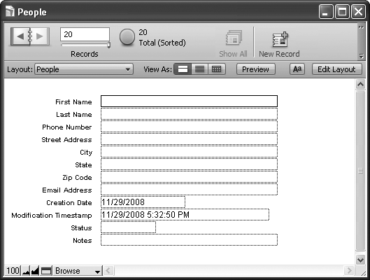 Unlike the stark emptiness shown in , this database has fields for entering information, and some even have something in them before you start to type (see for more information on auto-enter fields). These fields are arranged in a column, just the way FileMaker throws them on the screen when you first create them. Compare this screen to where the fields are resized and rearranged to create a more pleasing interface to showcase your data.