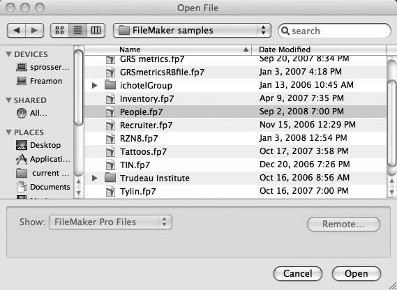 FileMaker’s Open File dialog box is pretty standard stuff, but notice the pop-up menu near the bottom left that helps you find specific kinds of files on your hard drive. If you choose “FileMaker Pro files” as shown here, then all non-FileMaker files in the window below are grayed out, so you can easily ignore them as you’re looking for the database you want to open.