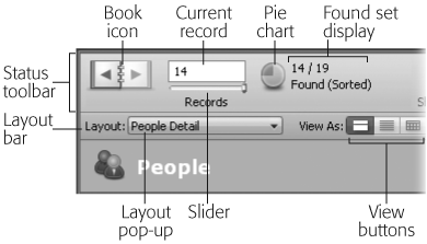 In addition to displaying the controls for switching records, the Status toolbar indicates where you are in the database. You’re looking at the fourteenth record in the found set of records. And the pie chart tool tells you that your current found set is showing 14 of the 19 total records in the database. If you click the pie chart, then the found set switches to show you the five records that aren’t in the current found set.