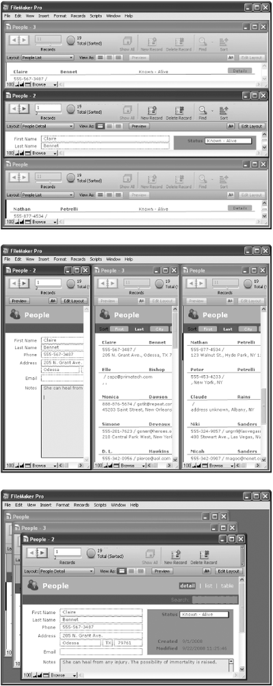 FileMaker offers three automatic window arrangements: Tile Horizontally, Tile Vertically, and Cascade. Choose Tile Horizontally or Tile Vertically to shrink every window enough that they all fit onscreen with no overlapping. If you choose Cascade, then FileMaker makes every window the same size, and puts each a little below and to the right of the one above. The window that was active when you chose Cascade lands in front.