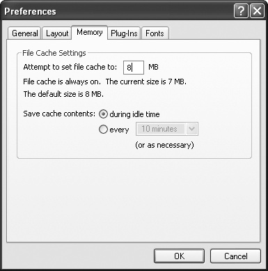 Specify the size of FileMaker’s cache and how often your work is moved from the cache to your hard drive. (Nerds call that flushing the cache.) A larger cache yields better performance but leaves more data in RAM. If you’re working on a laptop, then you can conserve battery power by saving cache contents less frequently. Just remember, in case of a power outage or other catastrophe, the work that’s in cache is more likely to be lost than what FileMaker has saved to your hard drive.