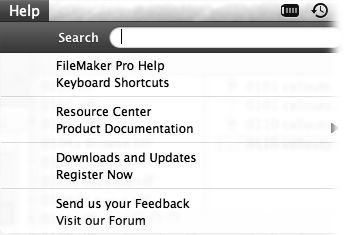 Here’s the Help menu on a Mac in its pristine state, and showing its initial menu items. As you type a search term, FileMaker searches its Help application to create a set of custom commands that may relate to your search terms.