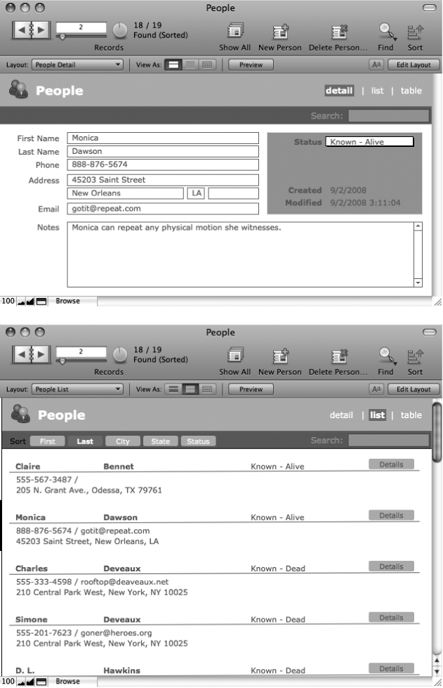 Top: The same People database looks a lot nicer if you customize the layout. This version also has pop-up menus to ease data entry, and buttons in the top-right corner to switch to other layouts.Bottom: Another layout shows the same data in a more compact form. It’s shown in List View here so you can see several records at the same time.