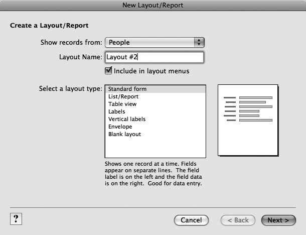 When you tell FileMaker you want to make a new layout, this dialog box is the first thing you see. In addition to a name and table, you tell FileMaker what kind of layout you’re making. It then asks you questions relevant to the type you choose, and makes a basic layout for you. If you want to work from scratch (as you’ll do on ), then choose “Blank layout”.