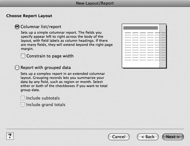 Once you tell FileMaker you want a List/Report type layout, it starts in with the questions. You’ll fly through seven screens in all before you’re done. This first one wants to know what kind of list you need. For now, choose “Columnar list/report”. You’ll learn about reports with grouped data in .