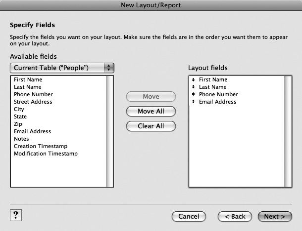 This step in the process lets you decide which fields to include on the layout. You select one or more fields from the list on the left, and then click Move to add them to the list on the right. Every field you move is included on the new layout. If you select a field in the list on the right, then the Move button changes to a Clear button, and a click removes the field from the list.