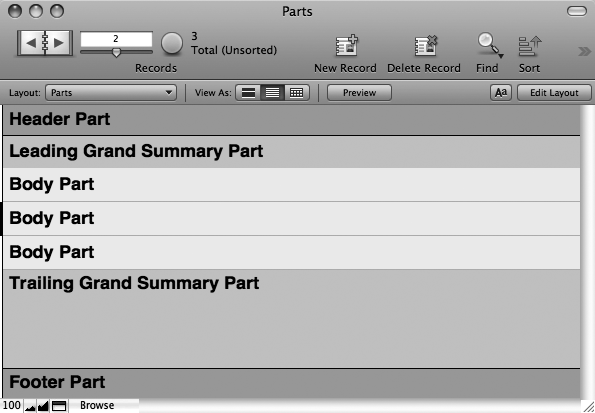 When you view a layout onscreen in List view, FileMaker arranges the parts like this example. Any title header or title footer doesn’t show up. The header sticks to the top of the window, and the footer sticks to the bottom. The leading grand summary appears right before the first record, and the trailing grand summary right after the last. The Body part repeats once for each record in the found set.