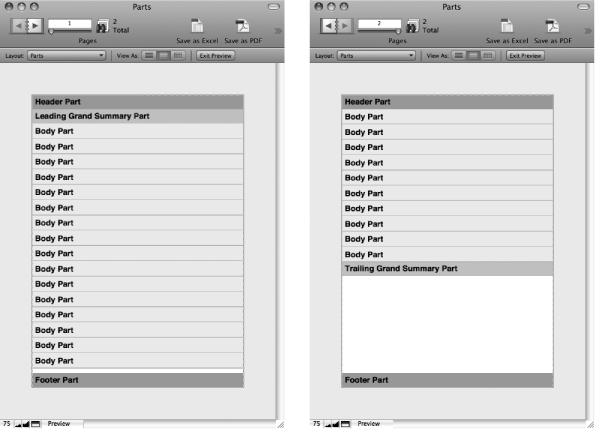 Left: In Preview mode, the title header and title footer are at the top and bottom of the first page. The leading grand summary appears right before the first record, and FileMaker adds a copy of the body for every record until it fills up the page.Right: Every page thereafter shows the header and footer instead of the title header and title footer. If you don’t have a title header, then you get the regular header on the first page, too (and the same goes for the title footer). Also notice that the trailing grand summary appears after the last record.