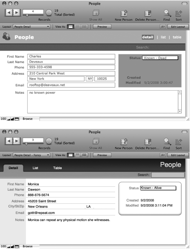 Top: This is the same People database you created in the last chapter. But in this version, the layout has been fully customized, and that’s made all the difference. Fields are easier to spot, things are arranged and grouped in meaningful ways, and things have been dressed up a bit.Bottom: This version of the layout serves the same purpose, but with a different style. Custom graphics created in a separate program give the layout a richer feel. This extra finesse takes time and effort.