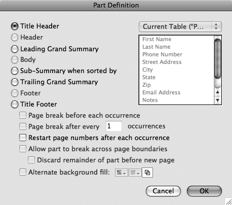 The Part Definition dialog box shows up when you add or modify a layout part. It includes a radio button for each of FileMaker’s part types. You also get myriad checkboxes, most of which don’t apply to a title header. You’ll get a chance to use each of these options in time.