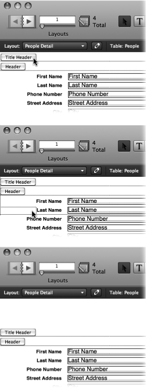 Top: To resize a part, you can simply drag its part label. (If you’re deft with the mouse, you can actually drag the thin dotted line that extends from the label.)Middle: As you drag, FileMaker shows an outline of the label, plus the new divider line. This line crosses right over the content of the layout, which can be disorienting. But when you’re done, FileMaker moves everything down to make room for the larger part, so things will be neat as a pin.Bottom: When you’re done, the part is bigger, and everything else is still intact.