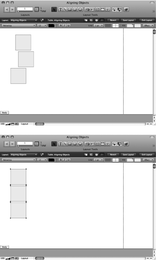 Top: These objects are all a-jumble, and lining them up one by one could be pretty tedious. But there’s a better way. First, select them all (see the box on for help). Then choose Arrange → Align → Left Edges.Bottom: When you run the Align command, FileMaker makes sure the left edge of each item is in a neat line. You can line things up on the left, right, bottom, top, or middle.