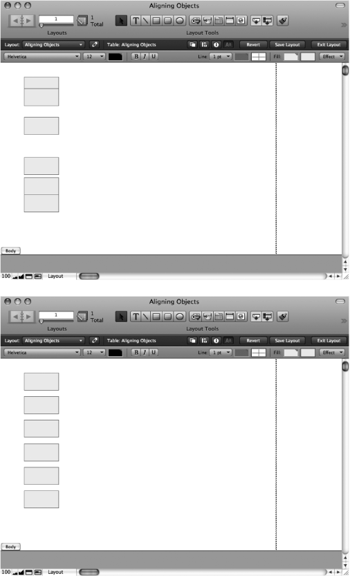 Top: This time, the trouble is spacing. You want these objects evenly spaced. Once again, select them all first. Then choose Arrange → Distribute → Vertically.Bottom: When you do, FileMaker makes sure there’s an equal amount of space between each item. If you’re spreading things out side to side, choose Arrange → Distribute → Horizontally instead.