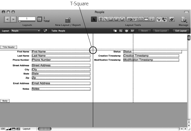 When you choose View → T-Squares, FileMaker adds a horizontal and vertical black line to your layout. You can move these lines by dragging them, and they show you how things line up. When you drag an object near a T-Square, the object snaps to it as though it’s magnetized, making this a quick way to line up several objects.
