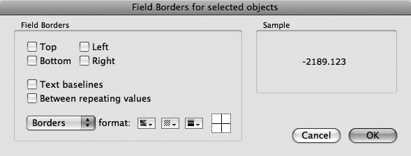 When you choose Format → Field/Control → Borders, this window appears. Here, you can add borders and baselines to your fields. Just turn on the checkboxes corresponding to the borders you want. You can also set the color, pattern, and line thickness of the field borders using the “format” pop-up menus.