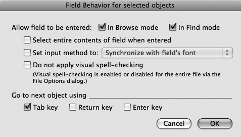 The Field Behavior dialog box (Format → Field/Control → Behavior) lets you control how the field acts in Browse mode. The most common setting is the first set of checkboxes, “Allow field to be entered”. But each option here is useful under certain circumstances.