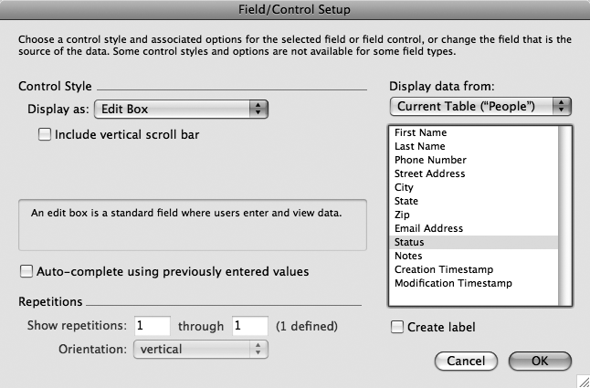The Field Control Setup dialog box (Format → Field/Control → Setup) lets you configure the type of control people use to enter data into the field. You’ll discover a lot of power behind this little window.