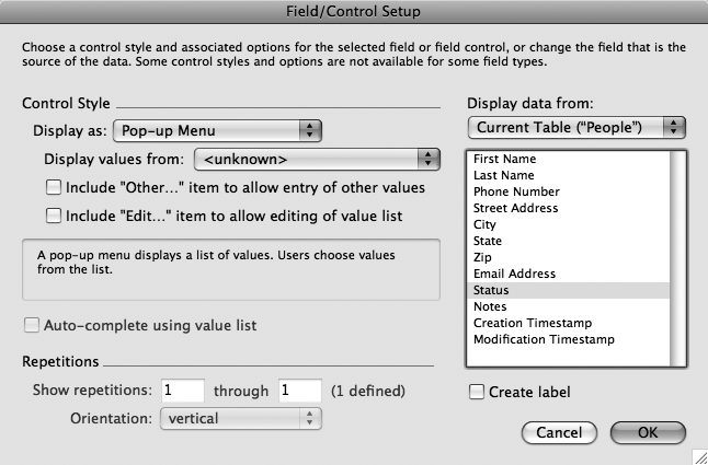 When you choose to display your field as a pop-up menu, FileMaker gives you a few new choices. Most importantly, you must pick a value list from the “Display values from” pop-up menu. You can also turn on “Include ‘Other…' item” to allow entry of other values” if you want your pop-up menu to include an extra choice called “Other…” that lets someone enter anything she wants. The second checkbox lets you add an “Edit…” item to the menu so database users can edit the choices in the menu at will.