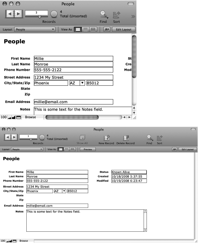 Top: When you resize the database window, FileMaker seems to make the worst choices possible. A smaller window leaves things out—like parts of the Notes, Status, Created, and Modified fields.Bottom: A bigger window, on the other hand, is just a waste of space. You don’t get any extra room where it counts (in the fields) so your window just takes up extra space for no good reason.