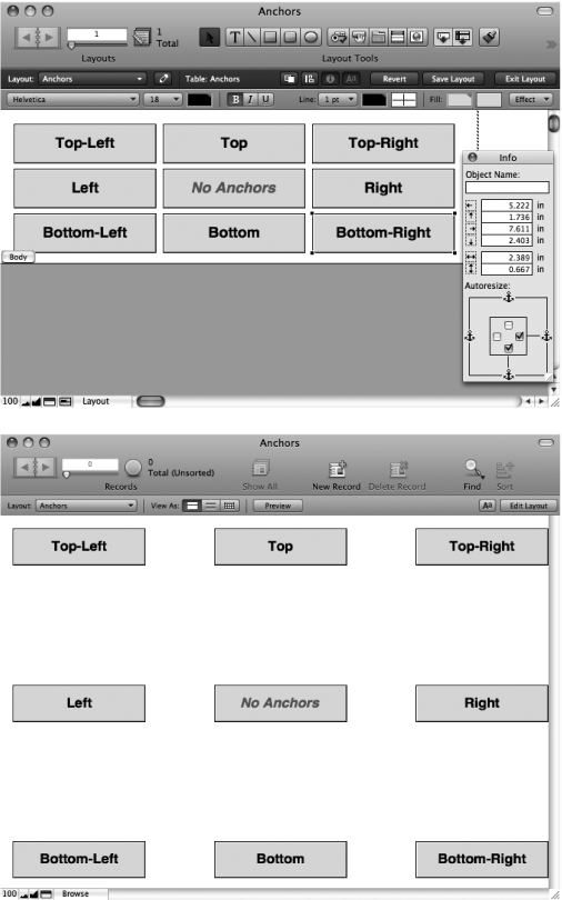 Top: The Object Info palette (shown floating in the bottom-right corner) has checkboxes to anchor the selected object to any side of the window. Right now the selected object is anchored to the bottom and right.Bottom: In fact, each object’s anchors are configured slightly differently (the text in each box tells you how it’s anchored). As you can see, the objects anchored to the bottom stay at the bottom of the window, even when you make it larger. The object in the middle has no anchors, so it stays in the middle.