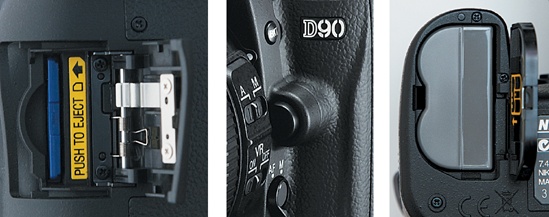 From left to right, the D90’s media slot (with card inserted), lens mount button and reference dot, and battery.