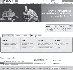 The Convert Files tab on Zamzar, which allows a video on your computer to be uploaded and converted
