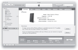 Prior to using SwapTunes, iTunes displaying the individual Audio, Video, Photos, and other components of the iPhone’s capacity at the bottom of the program’s window.