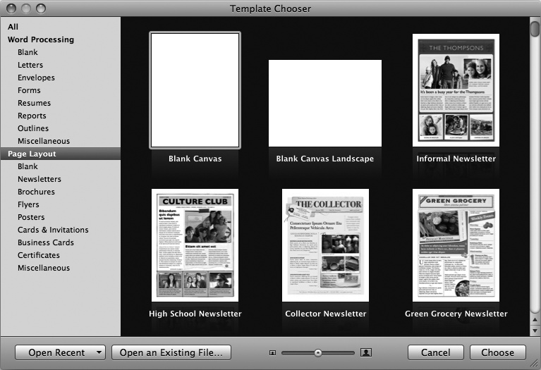 To browse the available templates, click a category from the window’s left pane, (choose “All” to view the entire collection). Use the scroll bar on the right side of the window to scan through previews of the templates in the selected category. Flip through a template’s layouts by moving the pointer across its thumbnail image. To open an existing document instead of creating a new one, make a selection from the Open Recent pop-up menu, or click the Open an Existing File button ().
