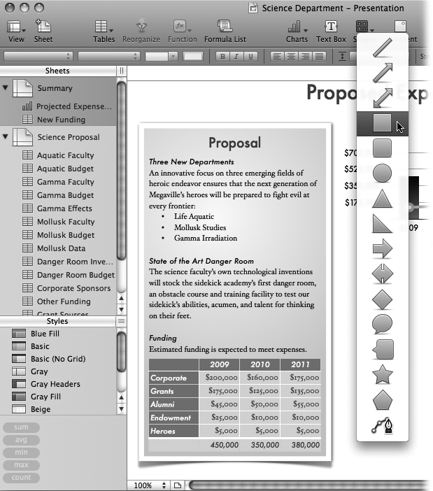 When you click the Shapes pop-up button in the toolbar, Numbers offers its collection of shapes. Pick one, and Numbers adds the shape to your canvas. Double-click inside the shape to add text.This rectangle shape has a picture frame () and a gentle advanced-gradient fill () to give an impression of light falling on paper. The funding table is positioned to look like it’s part of the shape’s text, but it’s really a separate object floating above the shape.