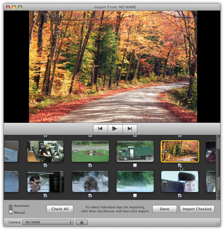 You can select individual scenes for importing without rewinding or fast-forwarding. You can also preview the recorded scenes before you bother importing them to the Mac. If your intention is to bring in most of the clips, just turn off the checkboxes that you don’t want. If you want to import less than half of them, though, click Uncheck All, and then turn the checkboxes back on for the shots that you do want.