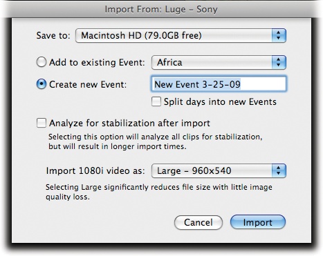 This dialog box looks just like the one that appears when you import from tape. Once again, it wants to know: Where do you want to save the incoming clips (which hard drive)? What Event do they belong to? And how big do you really need the hard drive footage to be?