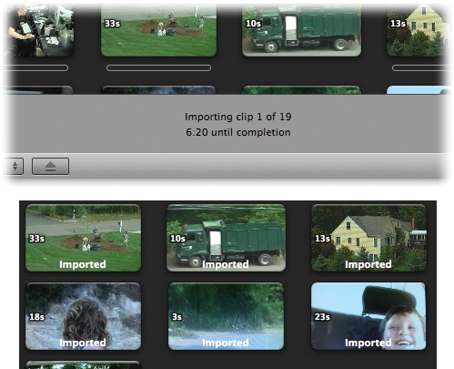 Top: The counter here not only tells you how much longer you have to wait in “minutes:seconds” format, but also shows you how many video shots remain to be imported.Bottom: When it’s all over, the word “Imported” appears on each thumbnail.That’s a handy reminder when you’ve only opted to import some of the clips.