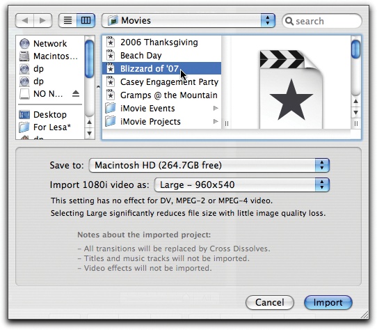 In this dialog box, you specify what, where, and how you want to open an older iMovie project.