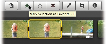 Select some video and then click the black star button identified here. iMovie adds a green stripe, which designates a favorite shot.