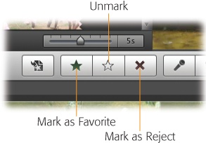The three icons identified here let you “paint” portions of your Event browser filmstrips with green highlighting (meaning “favorite”) or red highlighting (“reject”). You don’t have to select and then click the button.