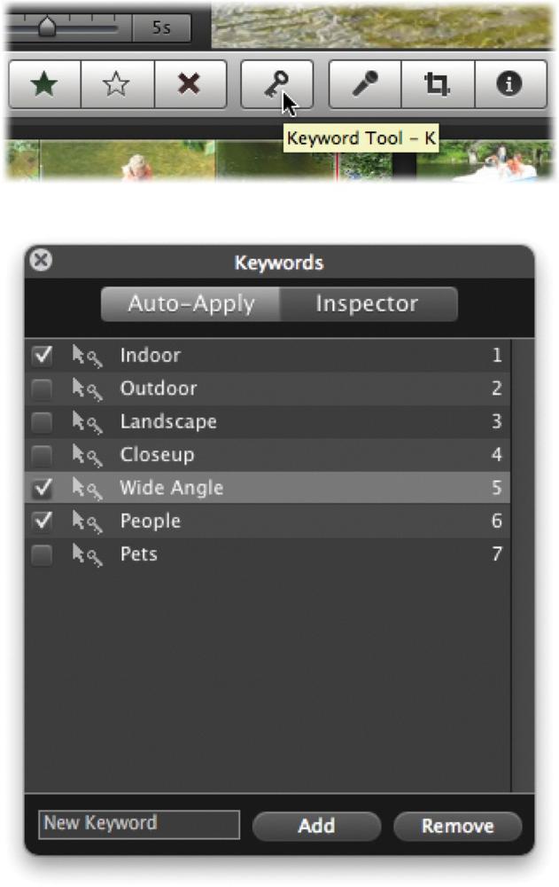 Top: When the Advanced Tools are turned on, the Keywords button appears. Click it to open the Keywords window (bottom). You can now “paint” a selected keyword, or several, onto a filmstrip, using the Auto-Apply tab. Or, on the Inspector tab, you can select some video first on the filmstrip and then turn on the relevant keyword checkboxes.