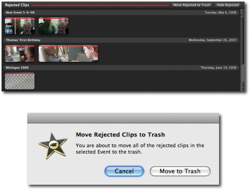 Top: The Rejected Clips window shows you everything you’ve indicated is destined for the cutting-room floor. Here’s your last chance to look it over before deleting it forever.Bottom: When you click “Move Rejected to Trash”, this confirmation box appears. Click “Move to Trash”.
