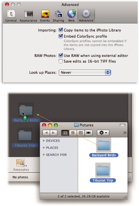 Top: In the Preferences dialog box, click the Advanced button. Here’s where you specify whether or not you want iPhoto to duplicate imported photos from your hard drive so that it has its own library copy. (If you turn off this checkbox, iPhoto simply tracks the photos in their current Finder folders.)Bottom: When you drop a folder into iPhoto, the program automatically scans all the folders inside it, looking for pictures to catalog. Depending on your settings in Preferences, it may create a new Event () for each folder it finds. iPhoto ignores irrelevant files and stores only the pictures that are in a format it can read.
