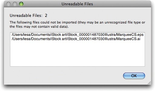 Here’s iPhoto’s way of telling you that you just tried to feed it a file that it can’t digest: an EPS file, an Adobe Illustrator drawing, or a PowerPoint file, for example.