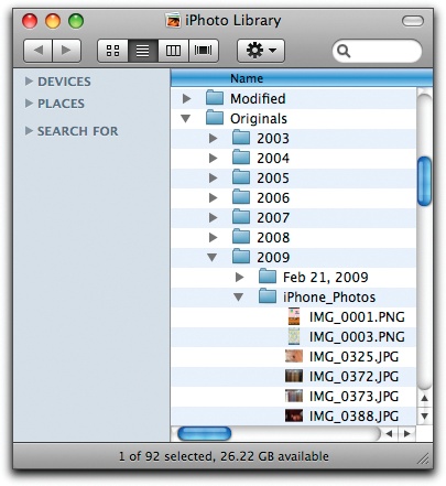 Behold the mysteries of the iPhoto Library. Once you know the secret, this seemingly cryptic folder structure actually makes sense, with all the photos in the library organized by their creation dates.