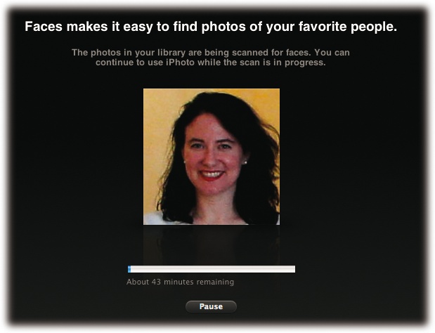Before iPhoto can get down to the business of recognizing faces, it plows through your photo library detecting faces in your pictures. A progress bar on the screen gives a time estimate. Once iPhoto examines your library, the face-detection fun begins.