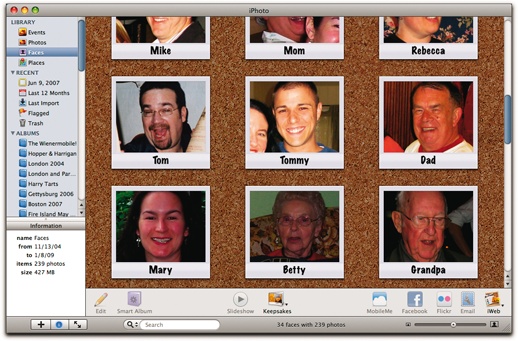 As your list of names grows, more headshots appear on your Faces corkboard. To see your pictures of each person, double-click on the face. Use the slider in the bottom-right corner of the iPhoto window to increase or decrease the size and number of headshots in a row.