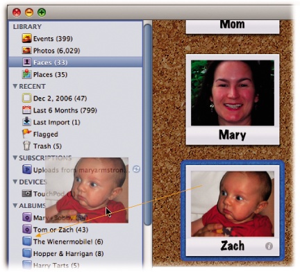 Drag any snapshot onto the Source list to make a new smart album for that person. You can also drag a snapshot onto an existing smart album icon to make one that corrals photos of both people (“Tom or Zach” here) as you update and confirm names in your iPhoto library.